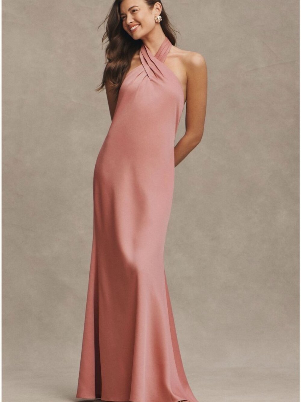 BHLDN Ruby Twist Halter Satin Gown Size 12, Petal Pink NWT